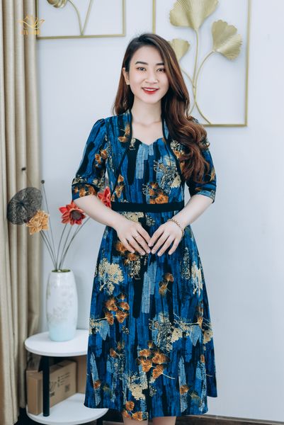 Đầm xòe - Cổ lục giác tay lỡ - AH - Xanh họa tiết - TTV1247