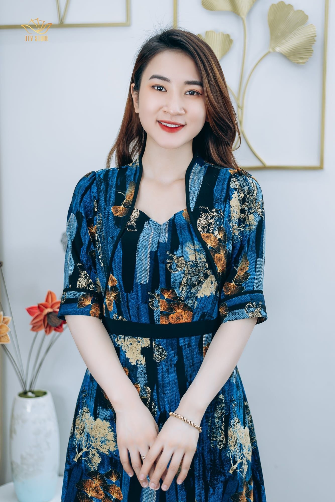 Đầm xòe - Cổ lục giác tay lỡ - AH - Xanh họa tiết - TTV1247