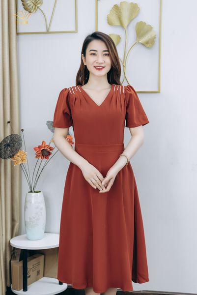 Đầm xòe - Cổ tim tay ngắn kết đá - CT - Cam gạch - TTV1250