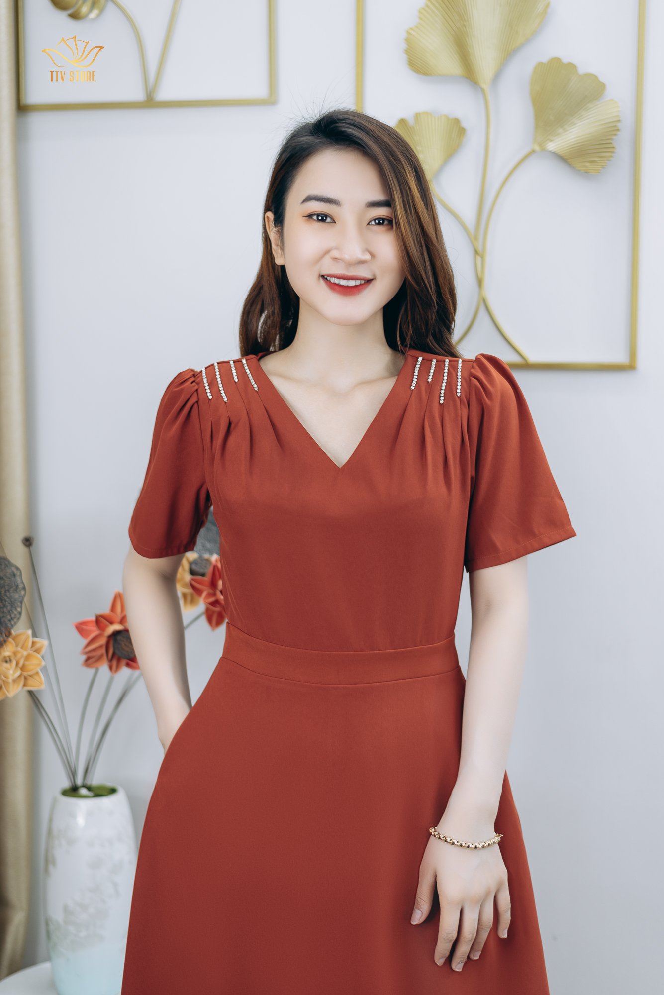 Đầm xòe - Cổ tim tay ngắn kết đá - CT - Cam gạch - TTV1250
