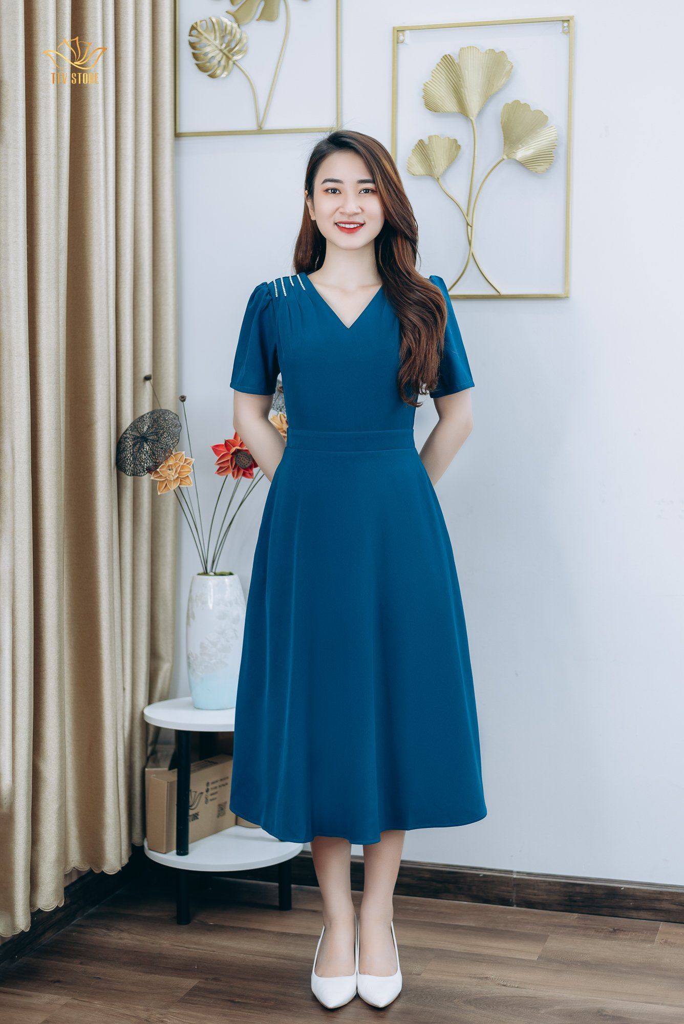 Đầm xòe - Cổ tim tay ngắn kết đá - CT - Xanh cổ vịt - TTV1250