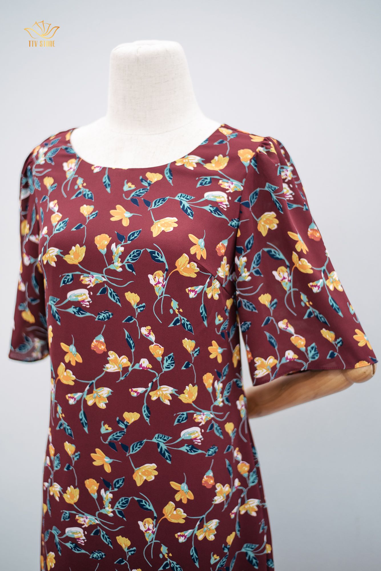 Đầm suông - Cổ tròn tay lỡ - CT - Đỏ hoa cam - TTV948