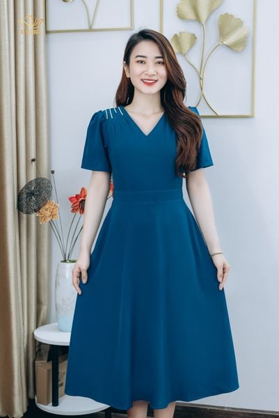 Đầm xòe - Cổ tim tay ngắn kết đá - CT - Xanh cổ vịt - TTV1250