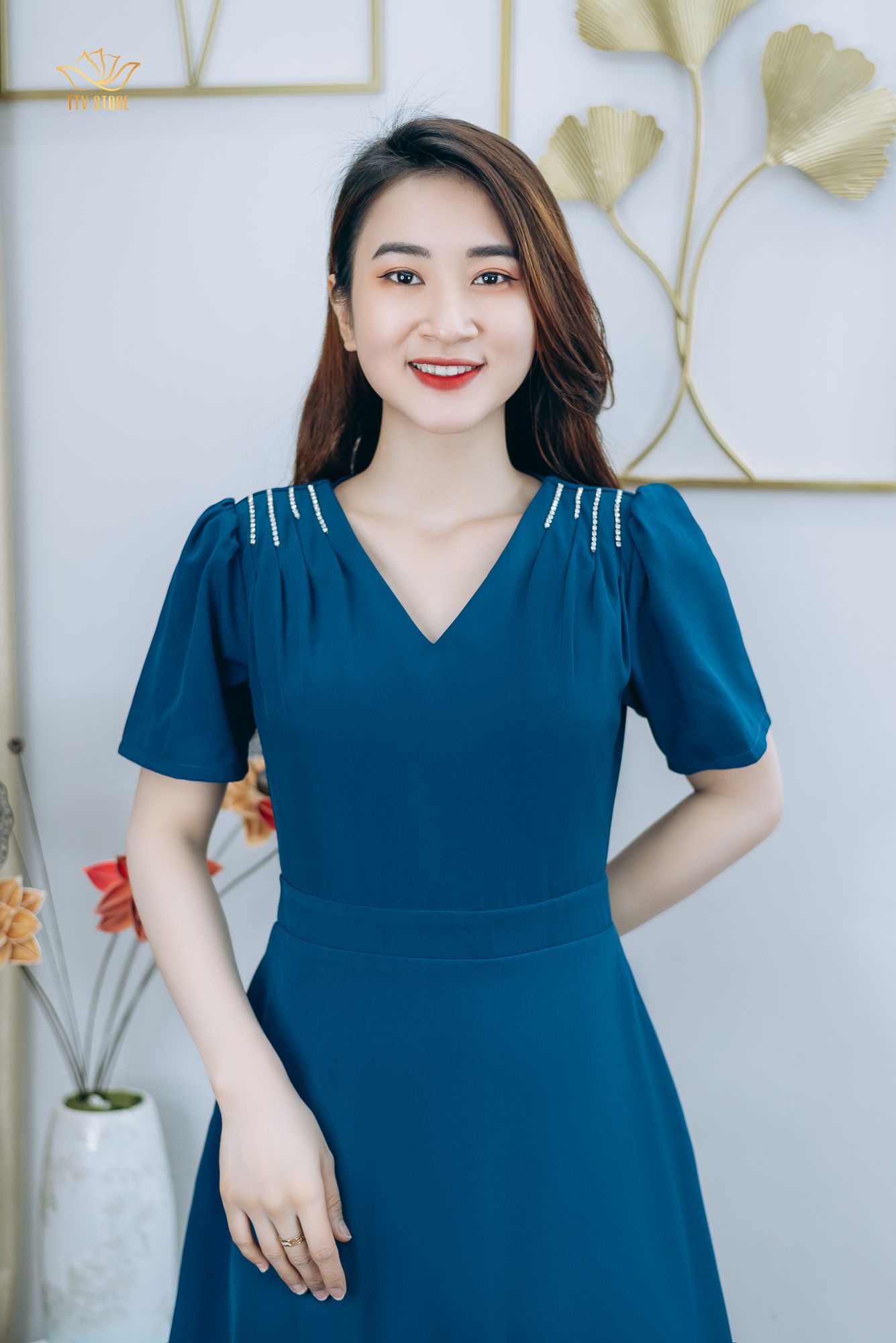 Đầm xòe - Cổ tim tay ngắn kết đá - CT - Xanh cổ vịt - TTV1250