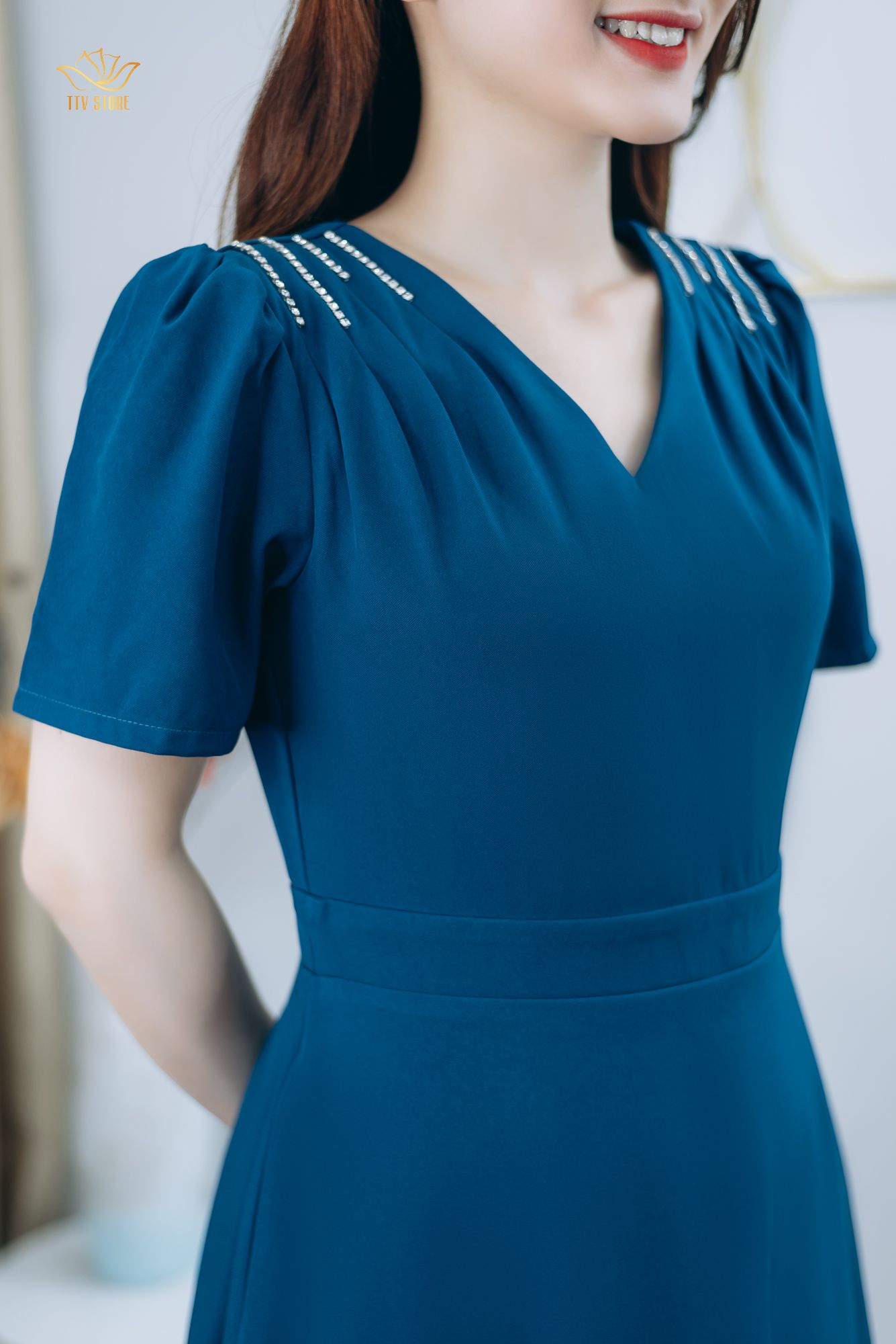 Đầm xòe - Cổ tim tay ngắn kết đá - CT - Xanh cổ vịt - TTV1250