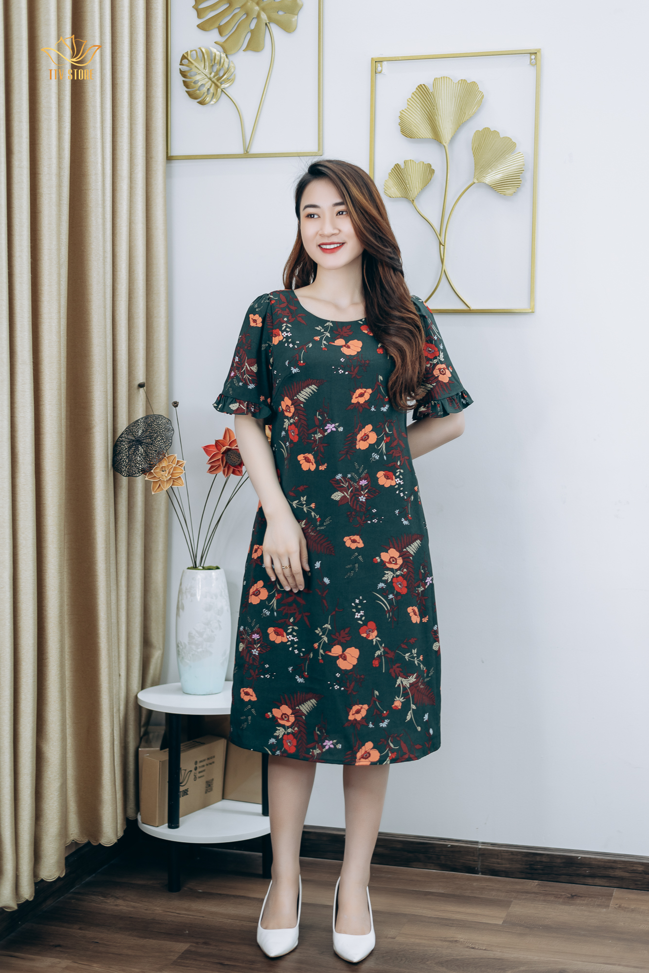 Đầm suông - Cổ tròn tay nhún bèo - CT - Xanh hoa - TTV1246