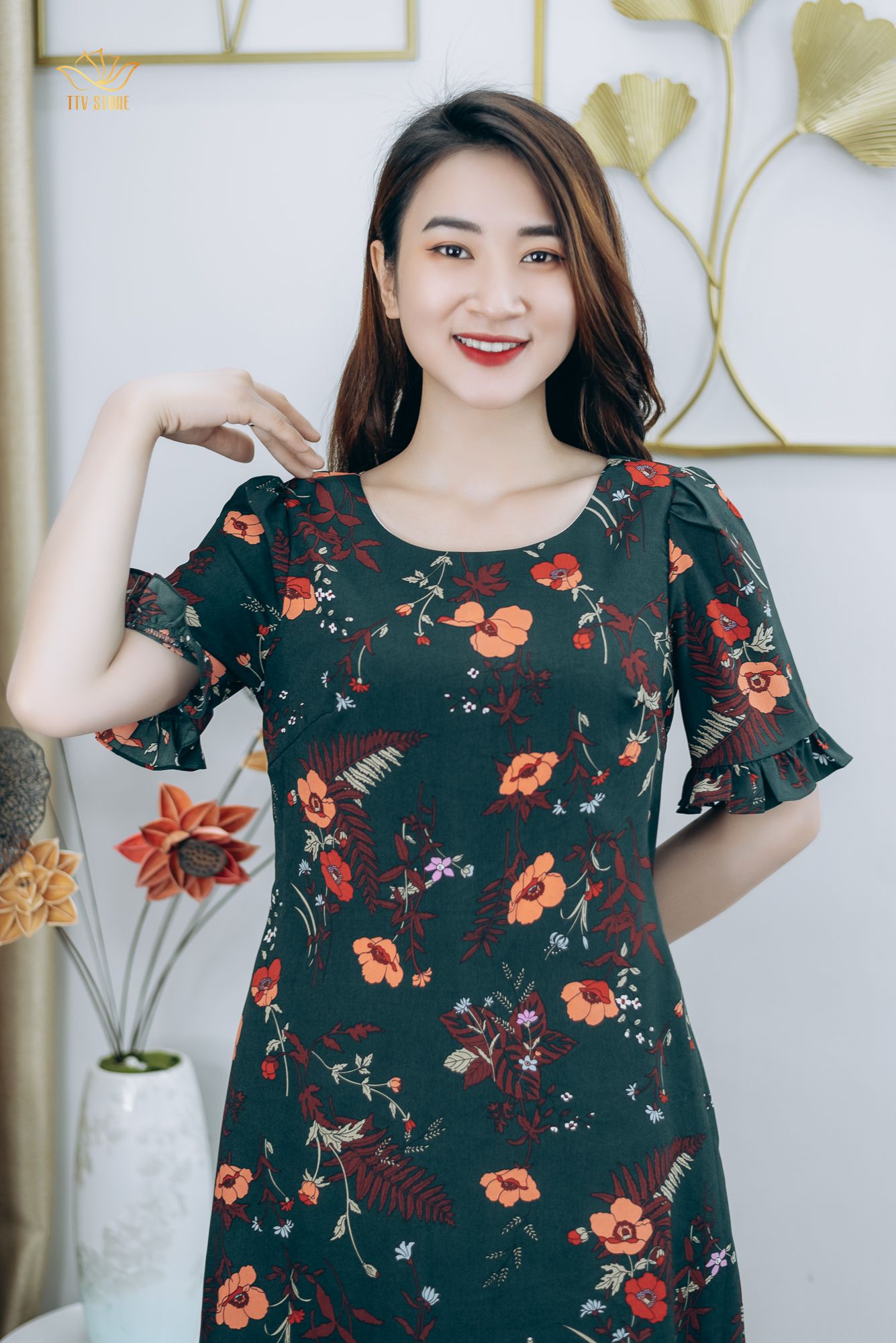 Đầm suông - Cổ tròn tay nhún bèo - CT - Xanh hoa - TTV1246