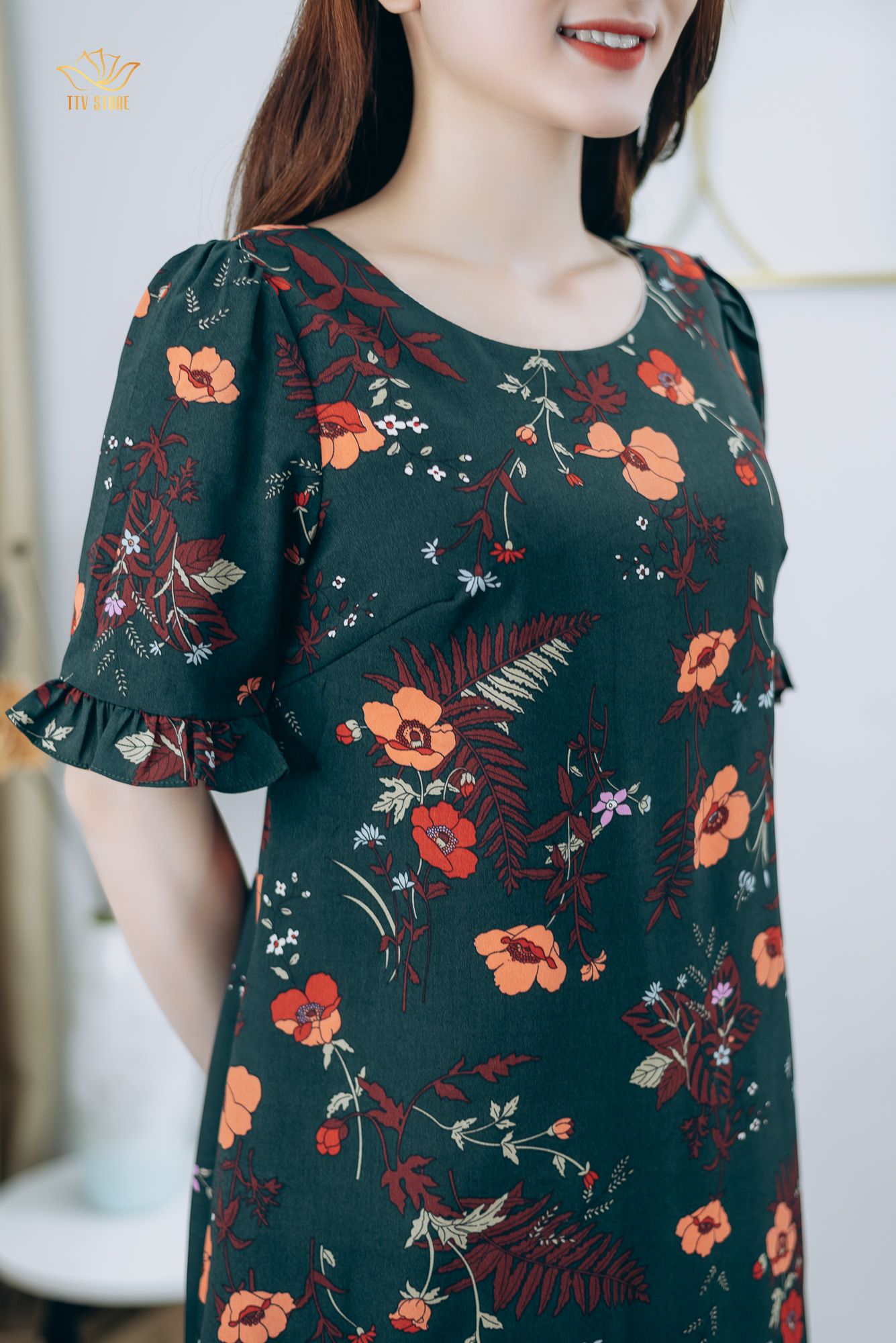 Đầm suông - Cổ tròn tay nhún bèo - CT - Xanh hoa - TTV1246