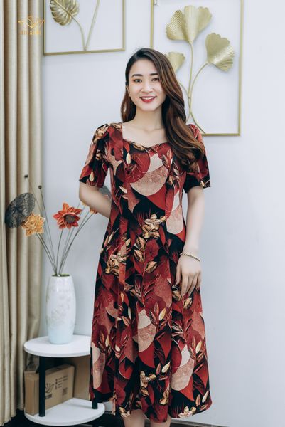 Đầm 6 mảnh - Cổ vuông tay ngắn - AH - Đen hoa đỏ - TTV1256