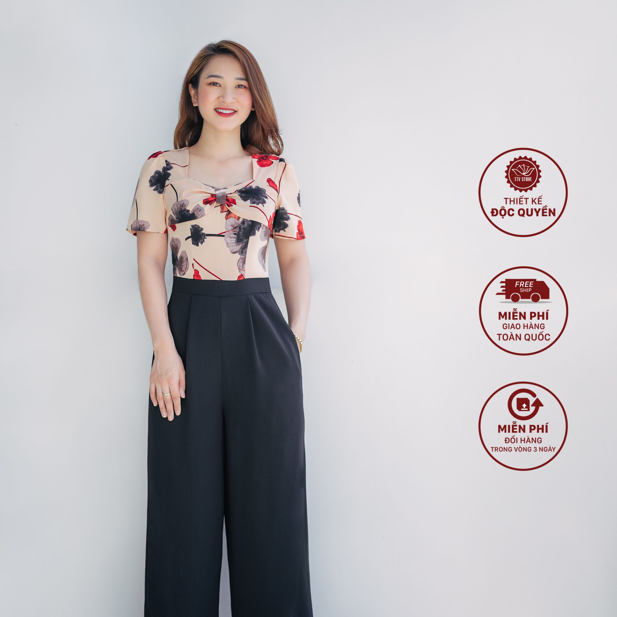 Jump dài - Cổ vuông phối nơ - CD - Kem hoa - TTV962 *