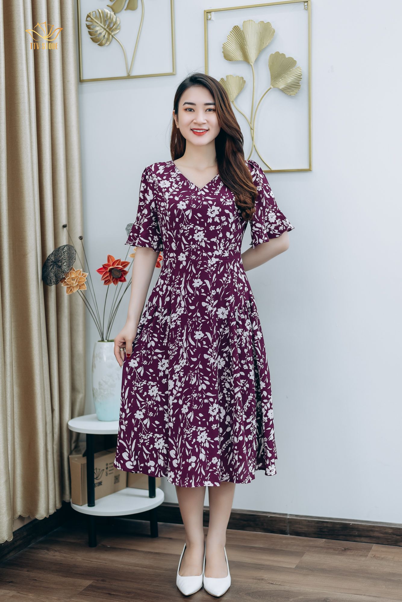 Đầm xòe - Cổ tim tay chuông - AH - Tím hoa trắng - TTV1257