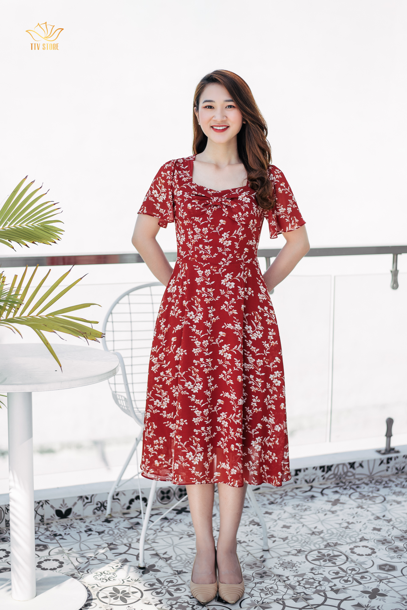 Đầm xoè - Cổ vuông phối nơ - CD - Đỏ hoa - TTV976
