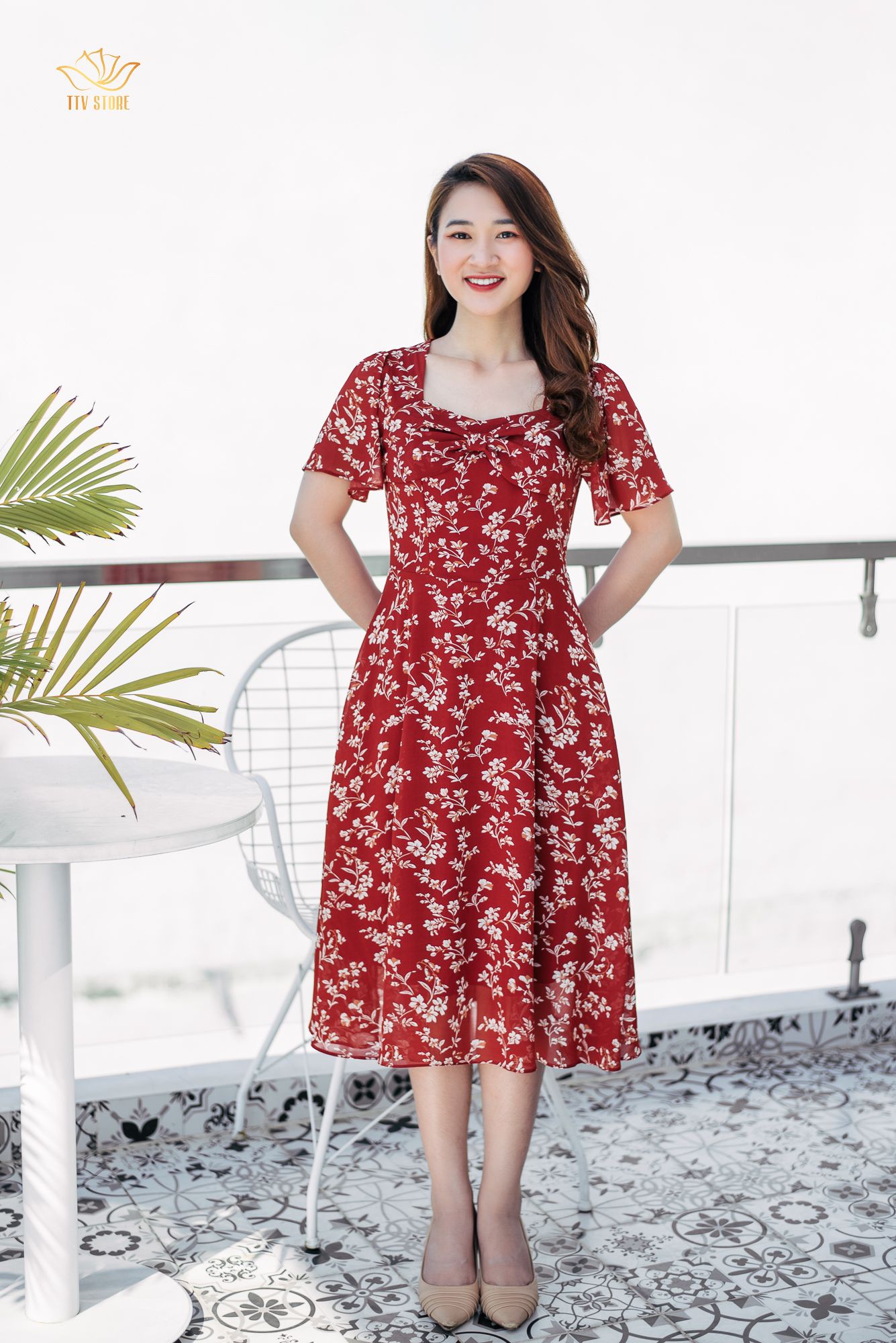 Đầm xoè - Cổ vuông phối nơ - CD - Đỏ hoa - TTV976