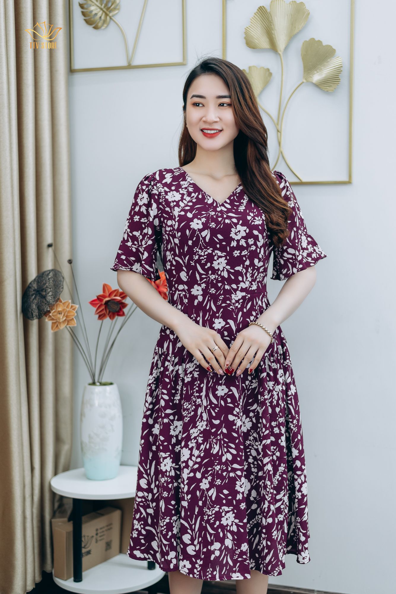 Đầm xòe - Cổ tim tay chuông - AH - Tím hoa trắng - TTV1257