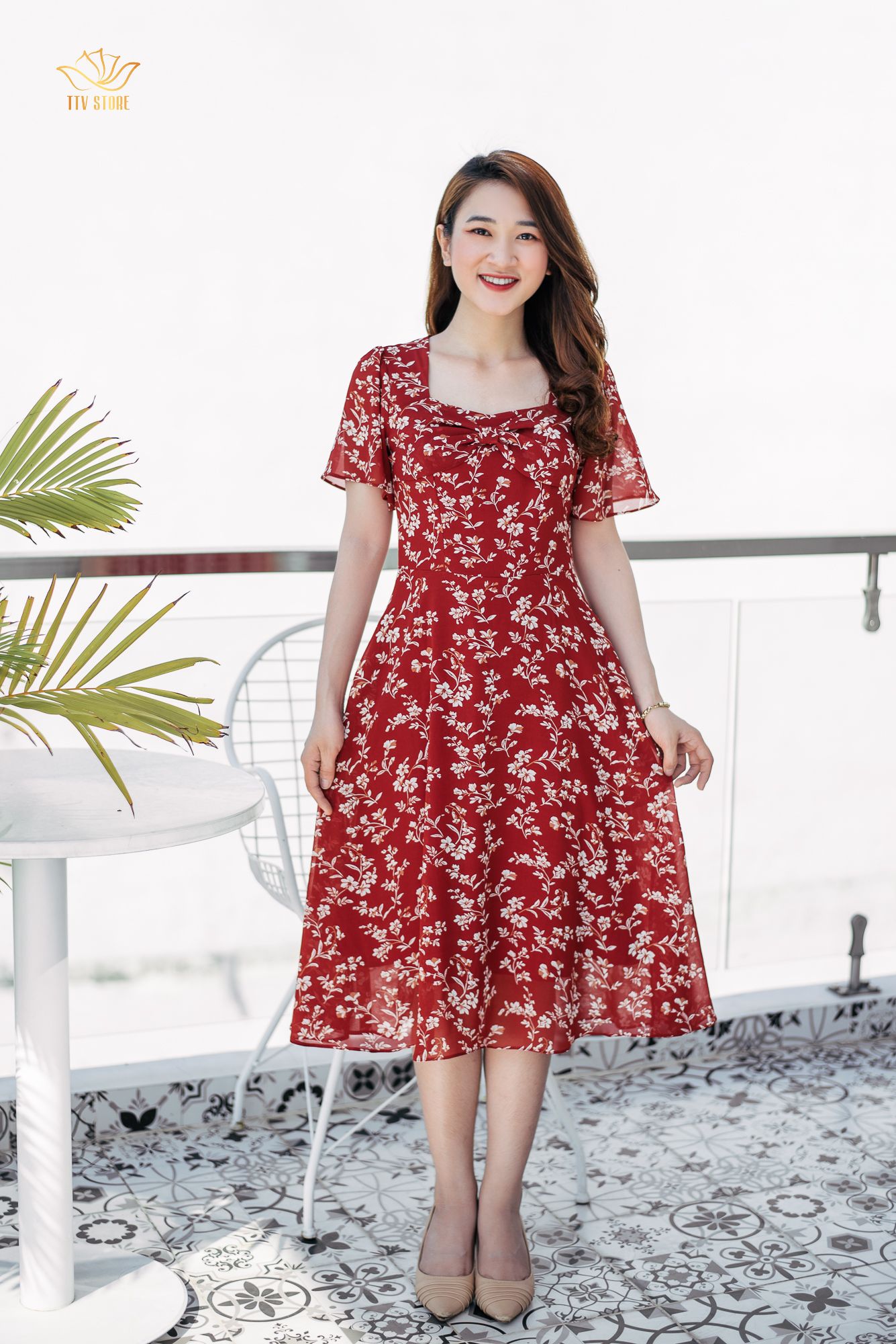 Đầm xoè - Cổ vuông phối nơ - CD - Đỏ hoa - TTV976