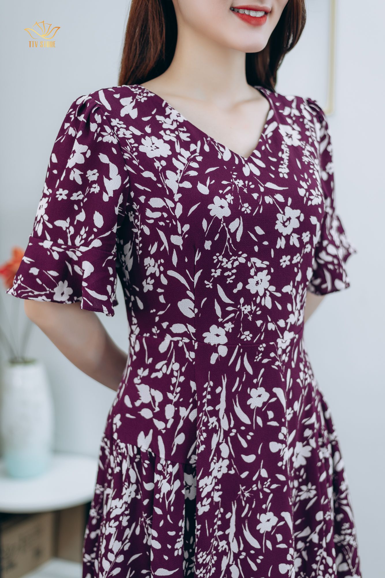 Đầm xòe - Cổ tim tay chuông - AH - Tím hoa trắng - TTV1257