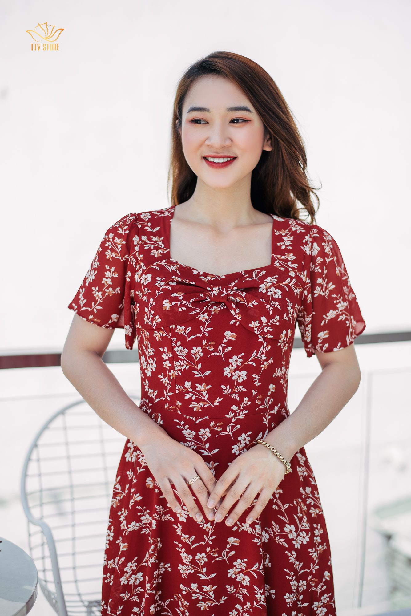 Đầm xoè - Cổ vuông phối nơ - CD - Đỏ hoa - TTV976