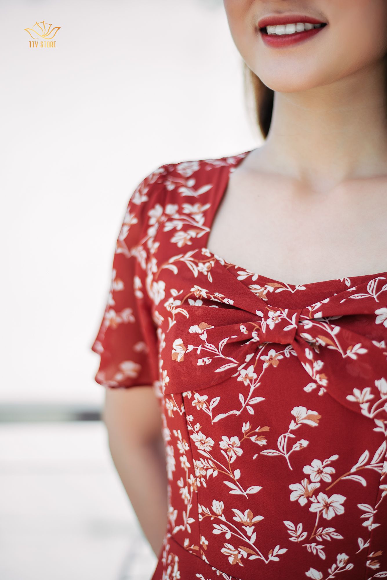 Đầm xoè - Cổ vuông phối nơ - CD - Đỏ hoa - TTV976