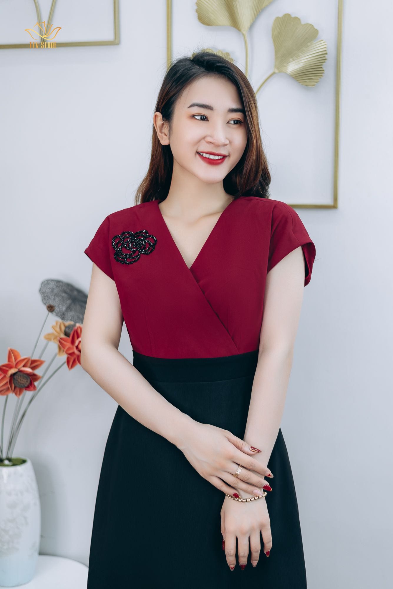 Đầm form A - Cổ đắp chéo đính đá - CT - Đỏ đô - TTV1260