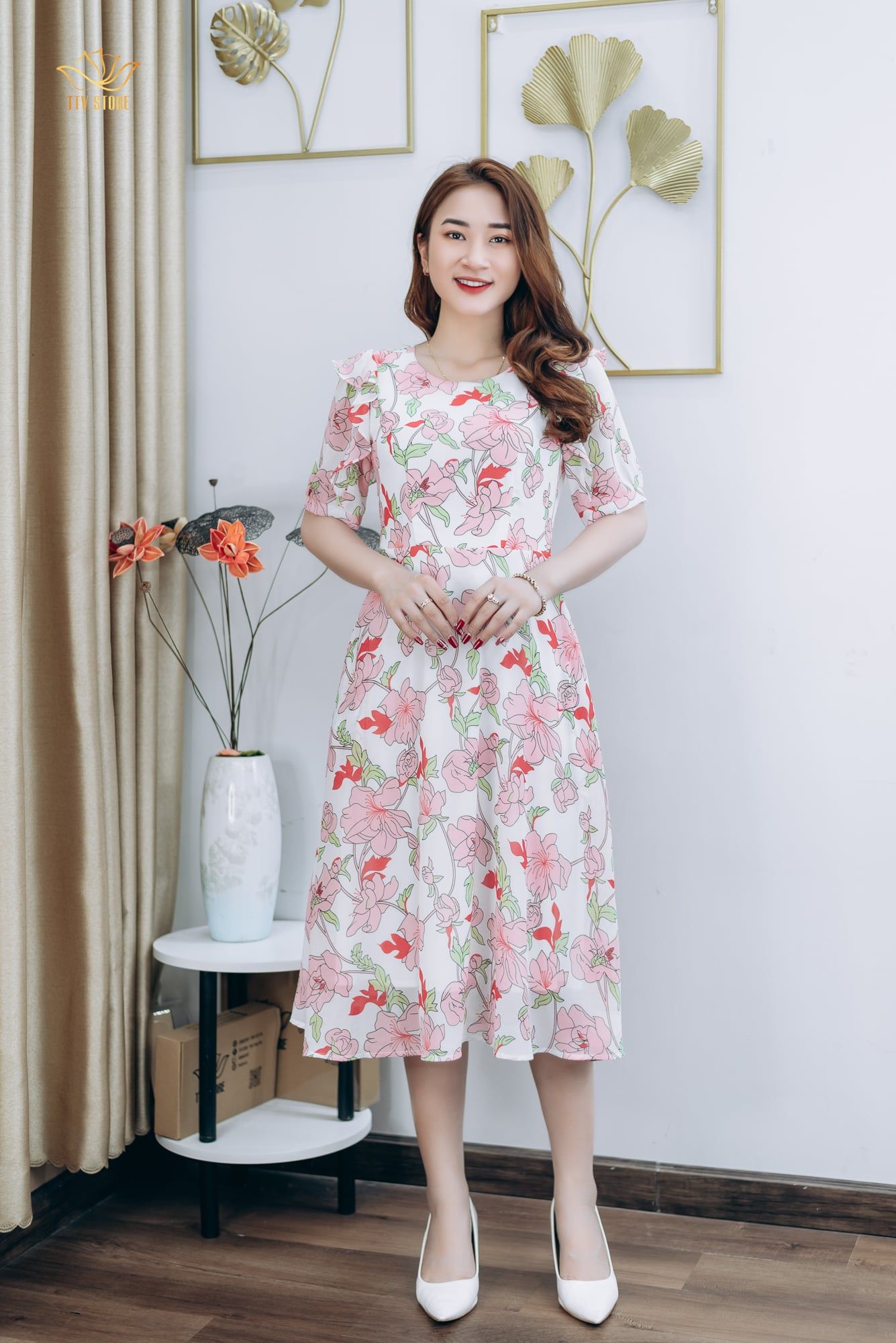 Đầm xòe - Cổ tròn tay bèo lỡ - CV - Trắng hoa hồng - TTV1255