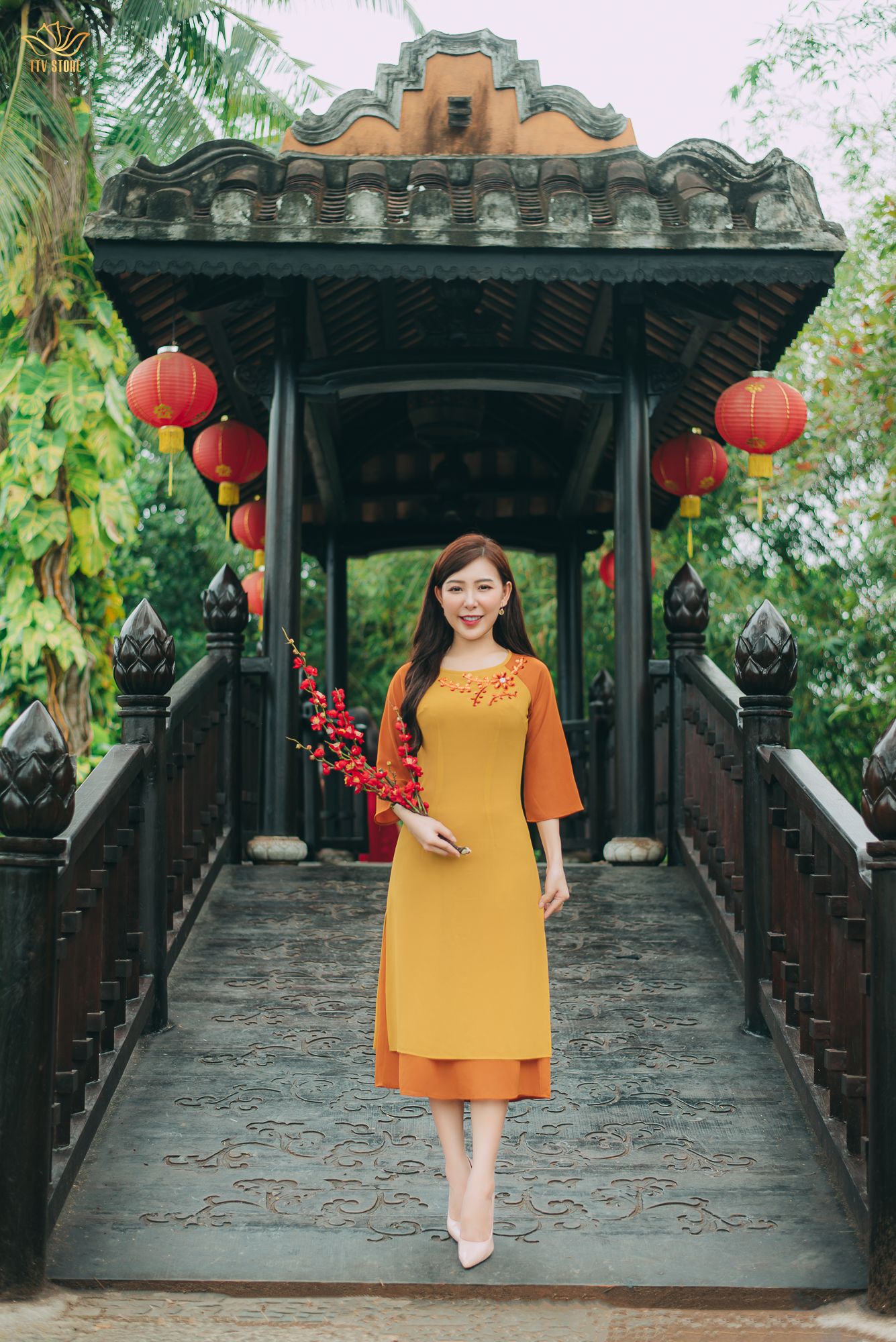 Áo dài cách tân - Cổ tròn kết cườm tay lỡ - CD - Vàng cam - TTV1527