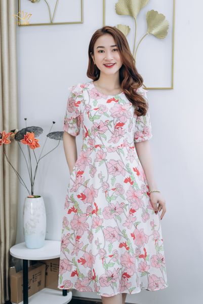 Đầm xòe - Cổ tròn tay bèo lỡ - CV - Trắng hoa hồng - TTV1255