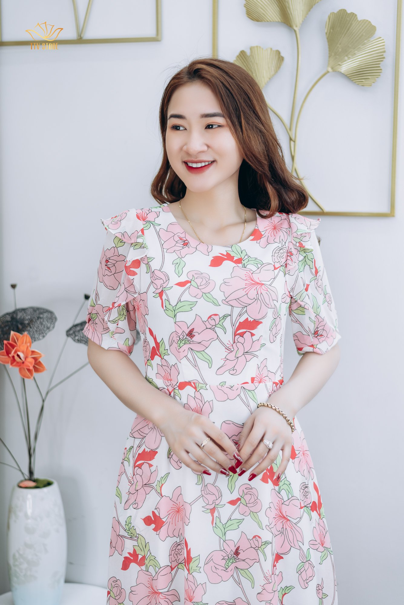 Đầm xòe - Cổ tròn tay bèo lỡ - CV - Trắng hoa hồng - TTV1255
