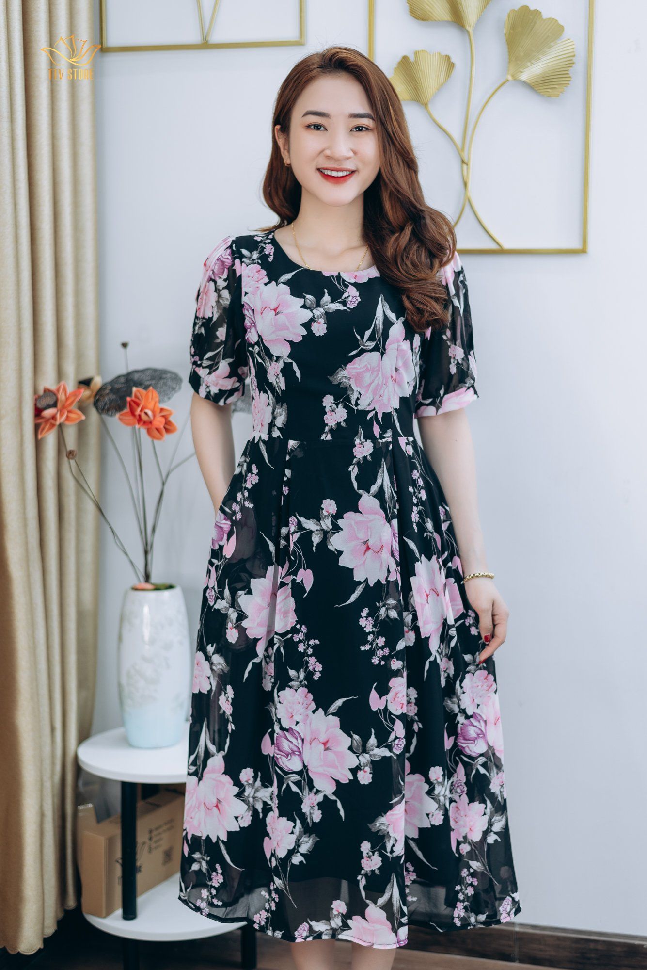 Đầm xòe - Cổ tròn tay bo - AH - Đen hoa tím - TTV1265