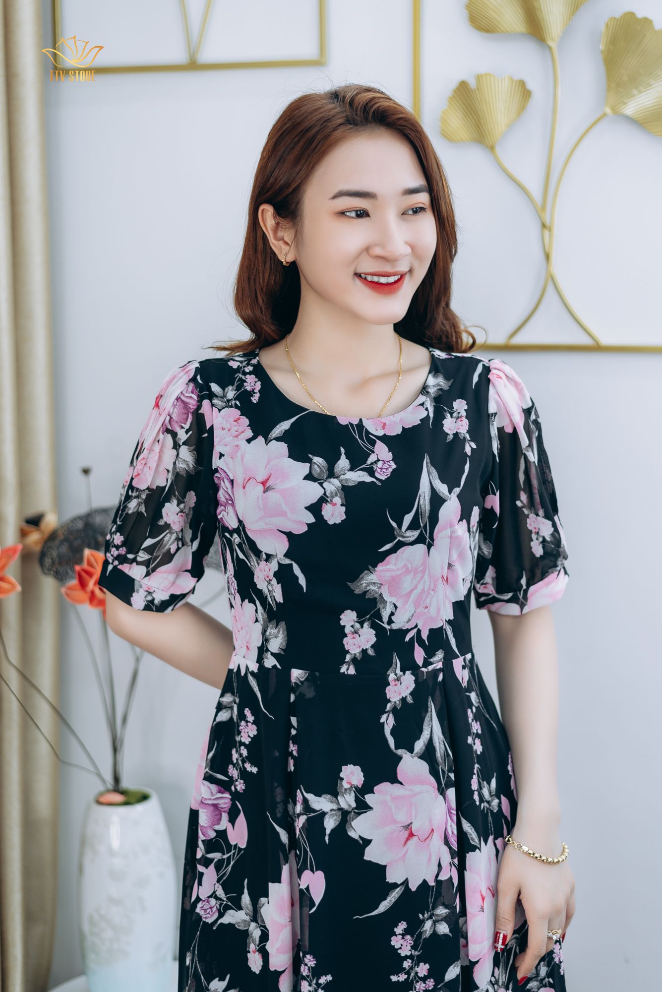 Đầm xòe - Cổ tròn tay bo - AH - Đen hoa tím - TTV1265