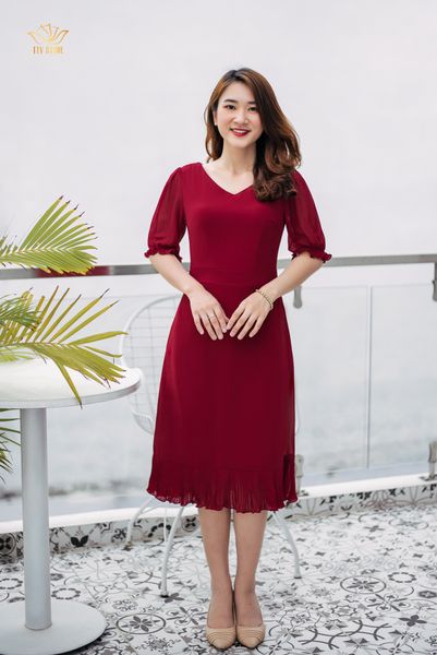 Đầm form A - Cổ tim tay bo - CT - Đỏ đô - TTV972