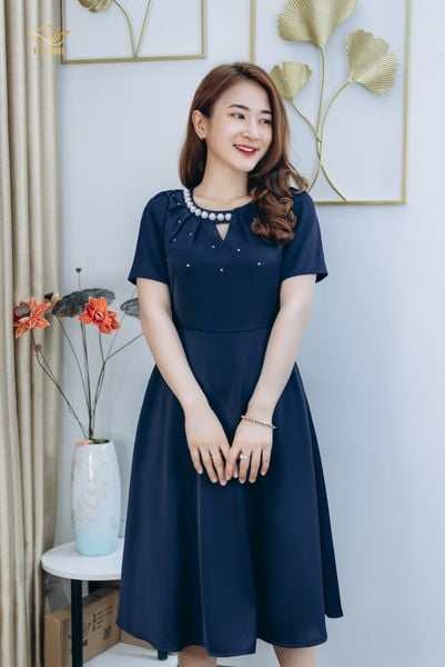 Đầm xòe - Cổ tròn khoét V kết ngọc - CV - Xanh đen - TTV1270