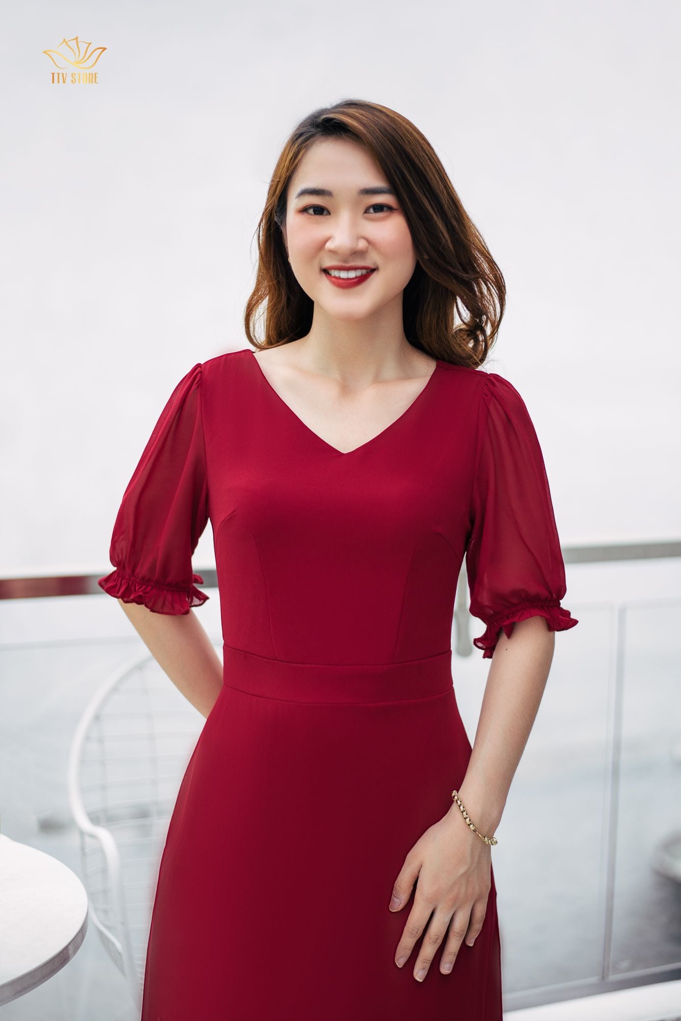 Đầm form A - Cổ tim tay bo - CT - Đỏ đô - TTV972