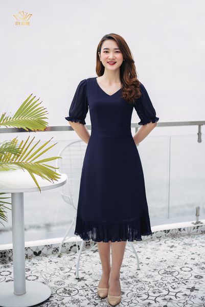 Đầm form A - Cổ tim tay bo - CT - Xanh tím - TTV972