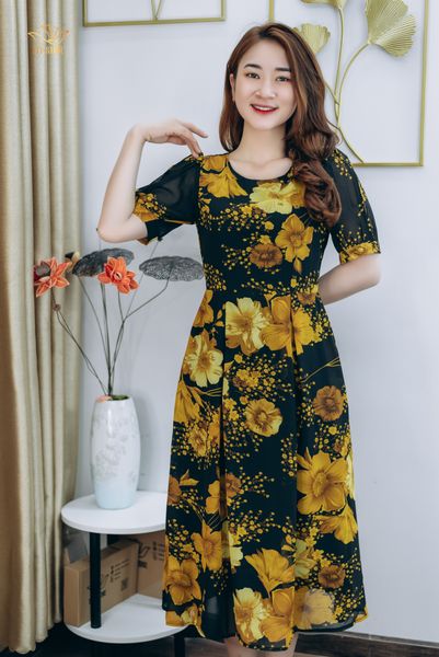 Đầm xòe - Cổ tròn tay bo - AH - Đen hoa vàng - TTV1266