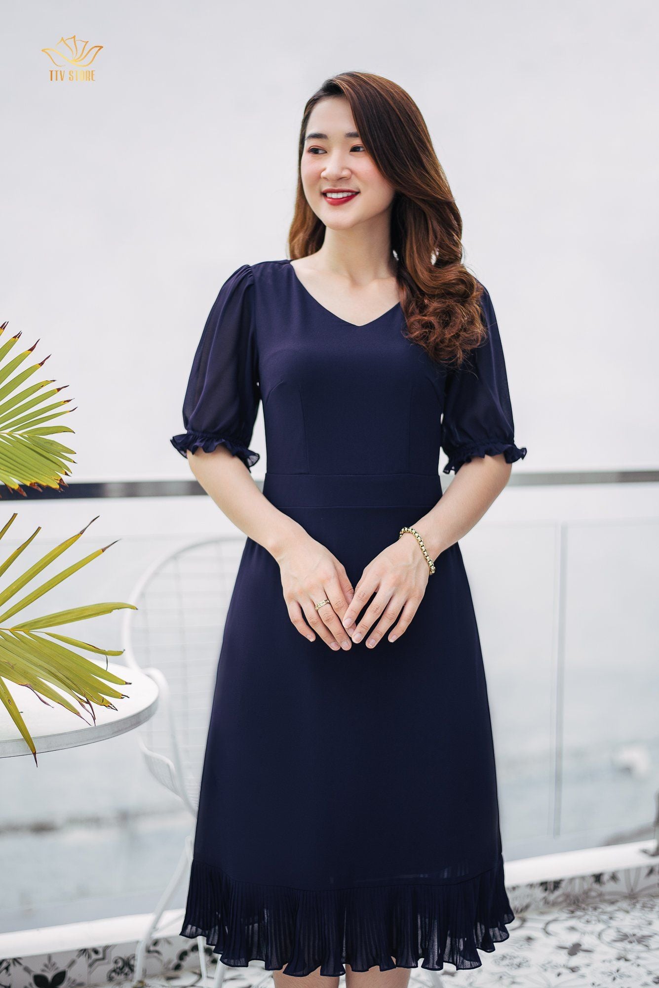Đầm form A - Cổ tim tay bo - CT - Xanh tím - TTV972