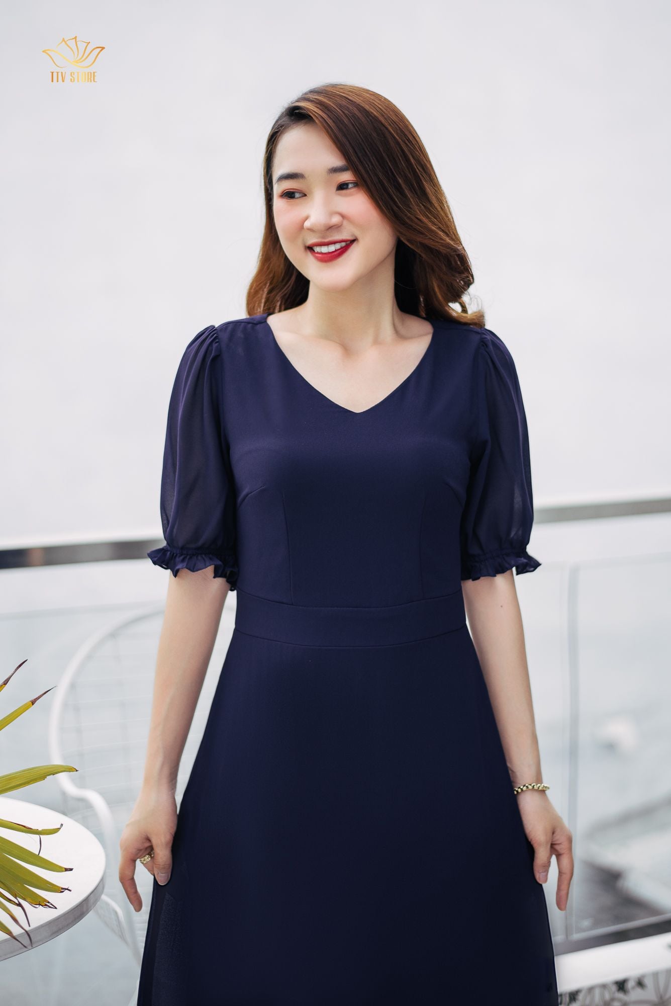 Đầm form A - Cổ tim tay bo - CT - Xanh tím - TTV972