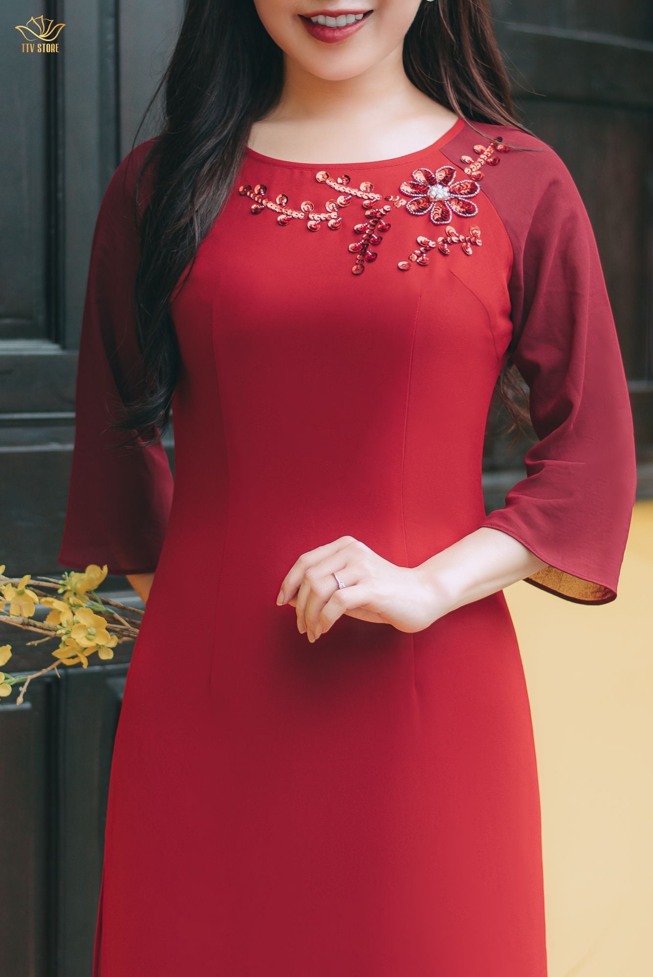 Áo dài cách tân - Cổ tròn kết cườm tay lỡ - CD - Đỏ đô - TTV1527