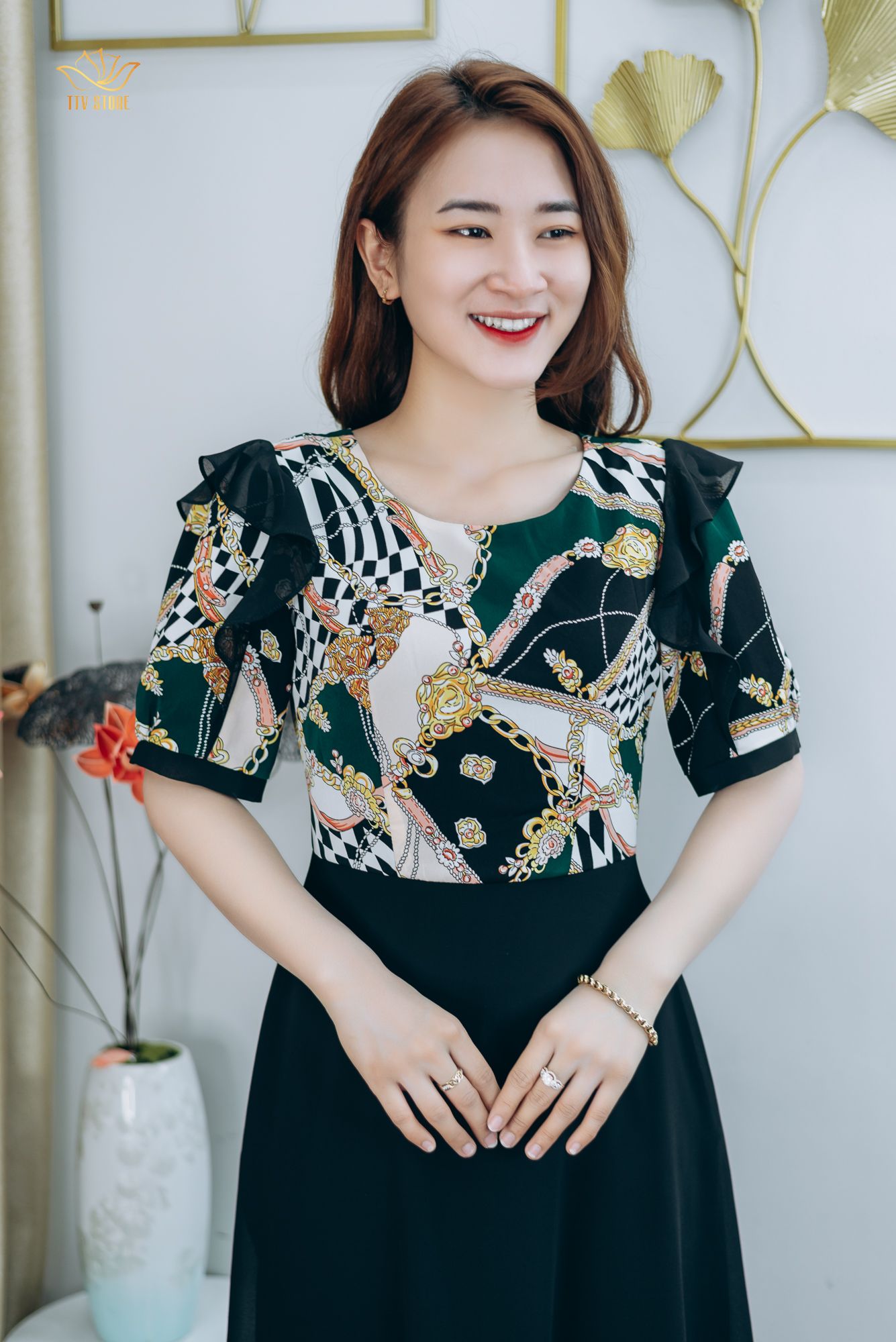 Đầm xòe - Cổ tròn tay bèo - CV - Đen họa tiết - TTV1271