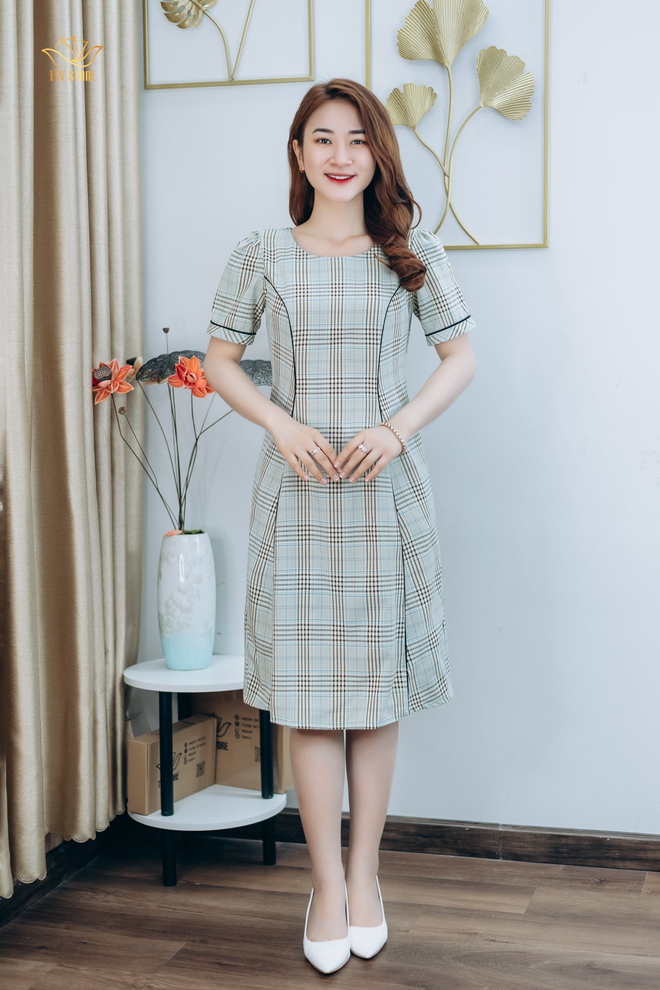 Đầm suông - Cổ tròn tay ngắn - CT - Caro xanh - TTV1272