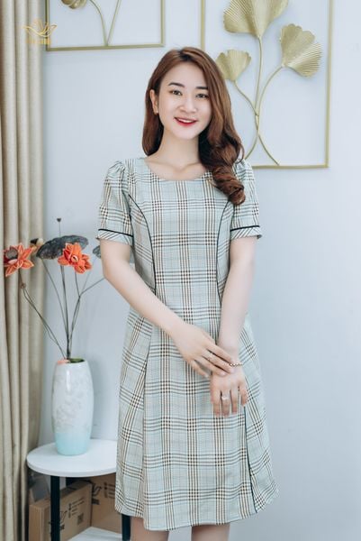 Đầm suông - Cổ tròn tay ngắn - CT - Caro xanh - TTV1272