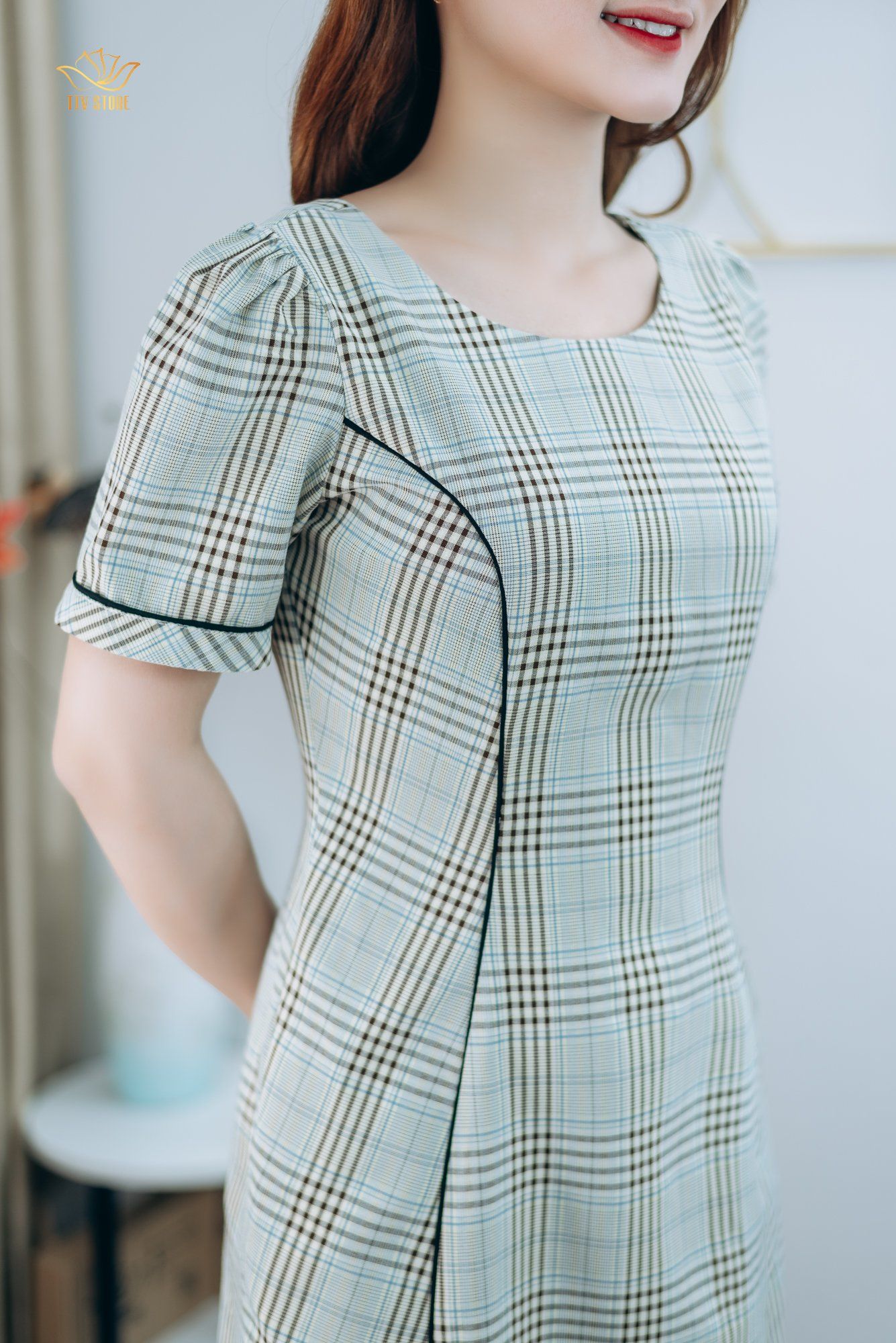 Đầm suông - Cổ tròn tay ngắn - CT - Caro xanh - TTV1272