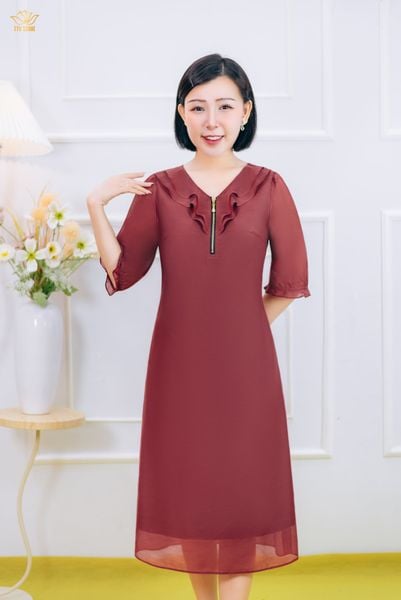 Đầm suông - Cổ tim bèo dây kéo tay lỡ - CV - Đỏ đô - TTV1876