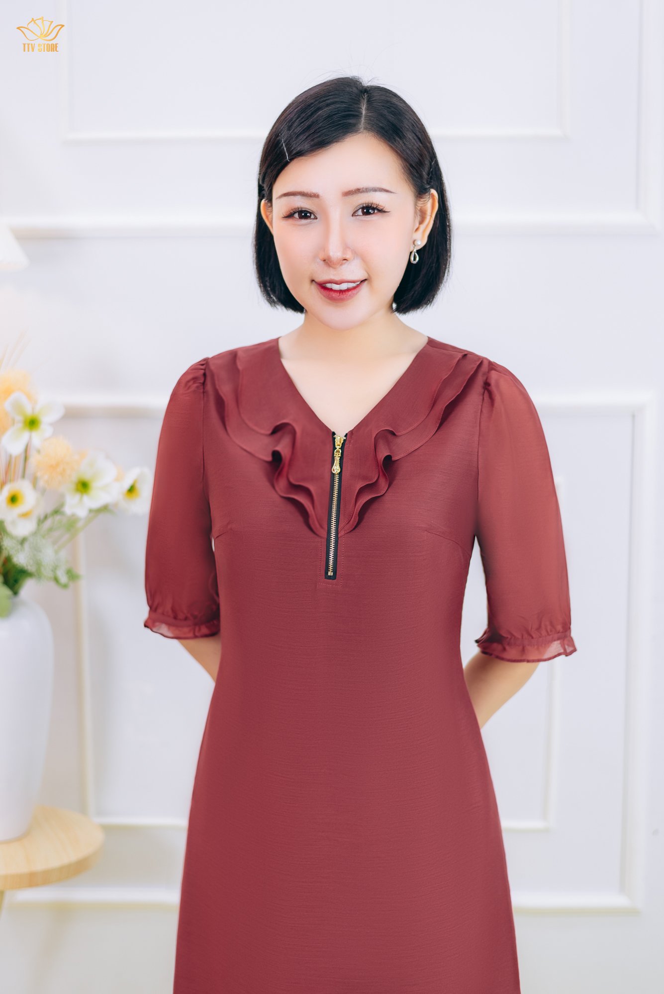 Đầm suông - Cổ tim bèo dây kéo tay lỡ - CV - Đỏ đô - TTV1876