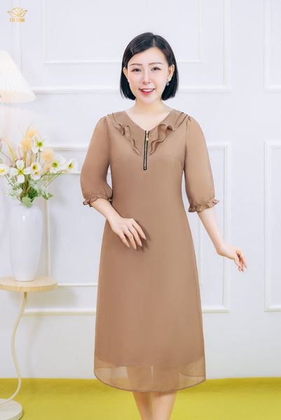 Đầm suông - Cổ tim bèo dây kéo tay lỡ - CV - Nâu tây - TTV1876