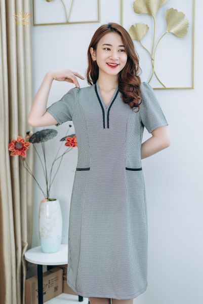Đầm suông - Cổ tim phối viền - CT - Caro trắng - TTV1278