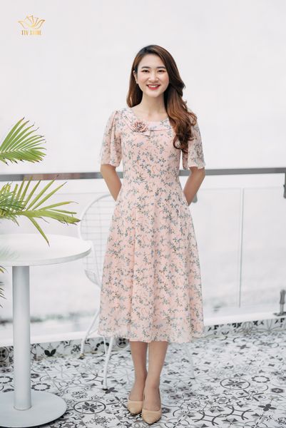 Đầm xoè - Cổ tròn tay ngắn - Kem hoa nhí - TTV993#  *