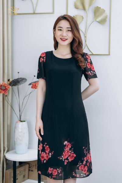 Đầm suông - Cổ tròn tay ngắn - CD - Đen hoa đỏ - TTV1275