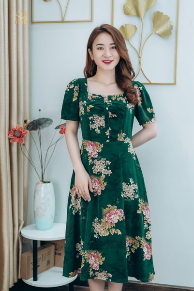 Đầm xòe - Cổ vuông tay ngắn - CV - Xanh rêu hoa - TTV1263