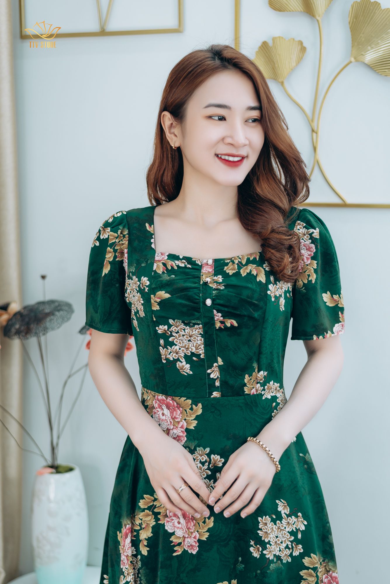 Đầm xòe - Cổ vuông tay ngắn - CV - Xanh rêu hoa - TTV1263