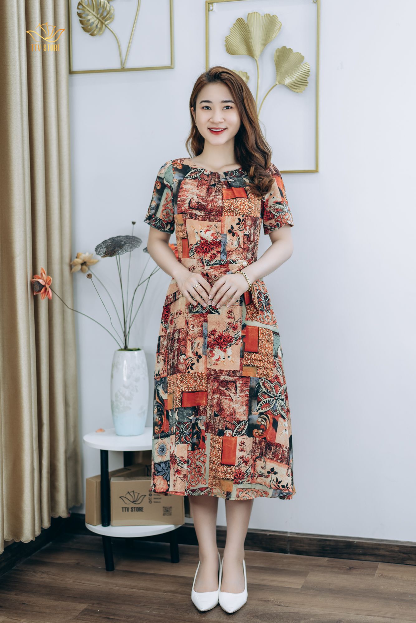 Đầm xòe - Cổ xếp ly eo đính ngọc - AH - Cam họa tiết - TTV1283